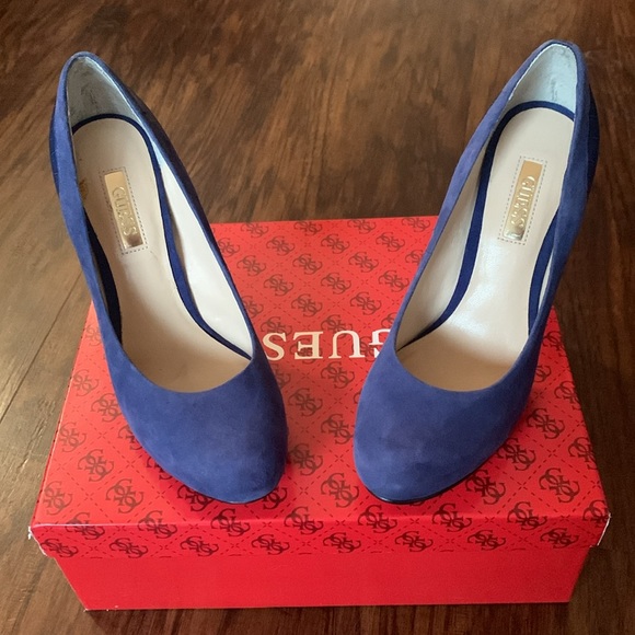 Guess Blue Suede Croc embossed stilettos with gold heel - Picture 3 of 9